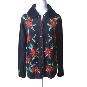 OHI Women's Medium Button Front Christmas Poinsettia  Removeable Collar Cardigan